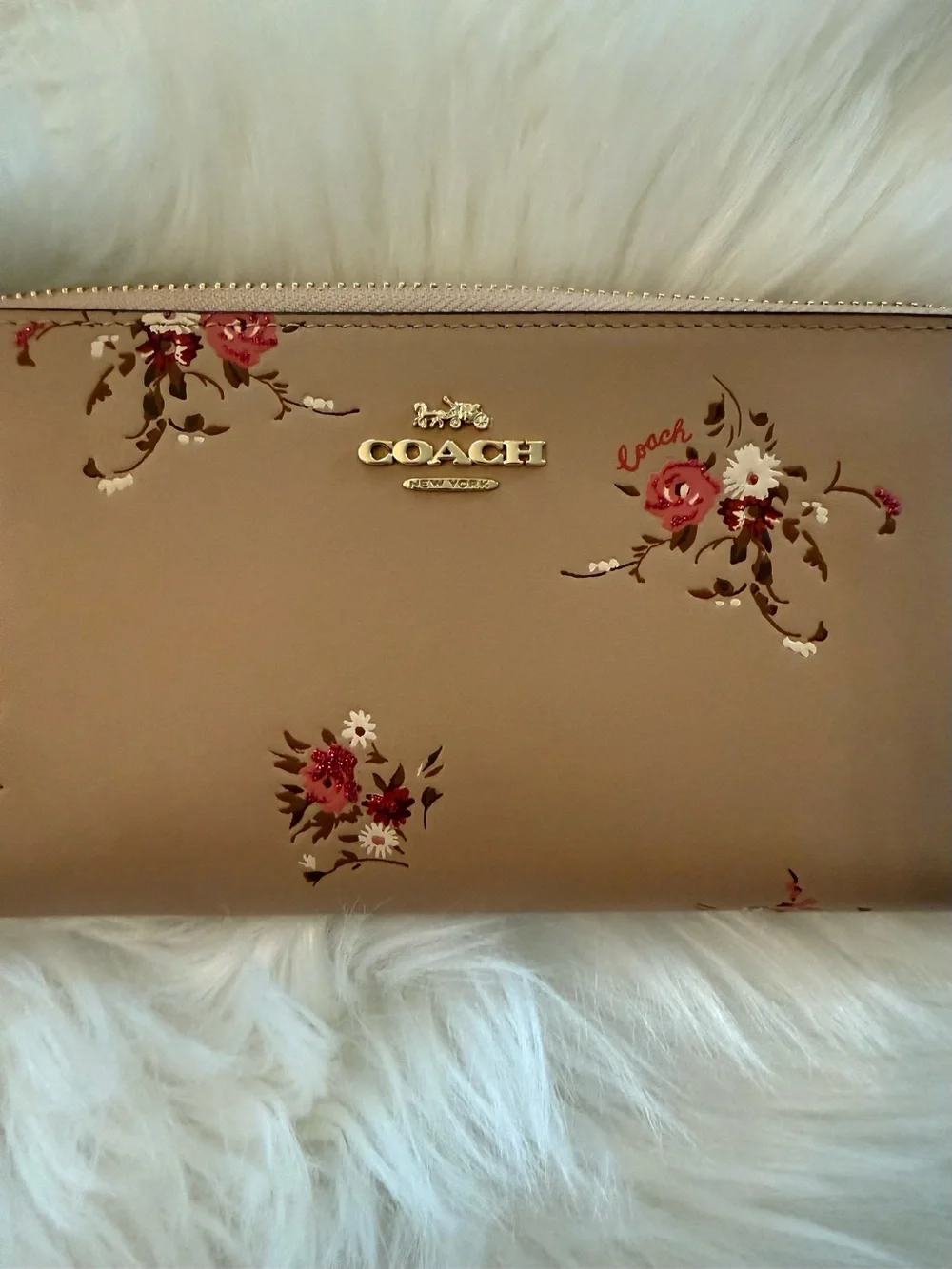 Coach Accordion Zip Wallet Nostalgic Bundle Floral Motif Leather Beechwood Gold